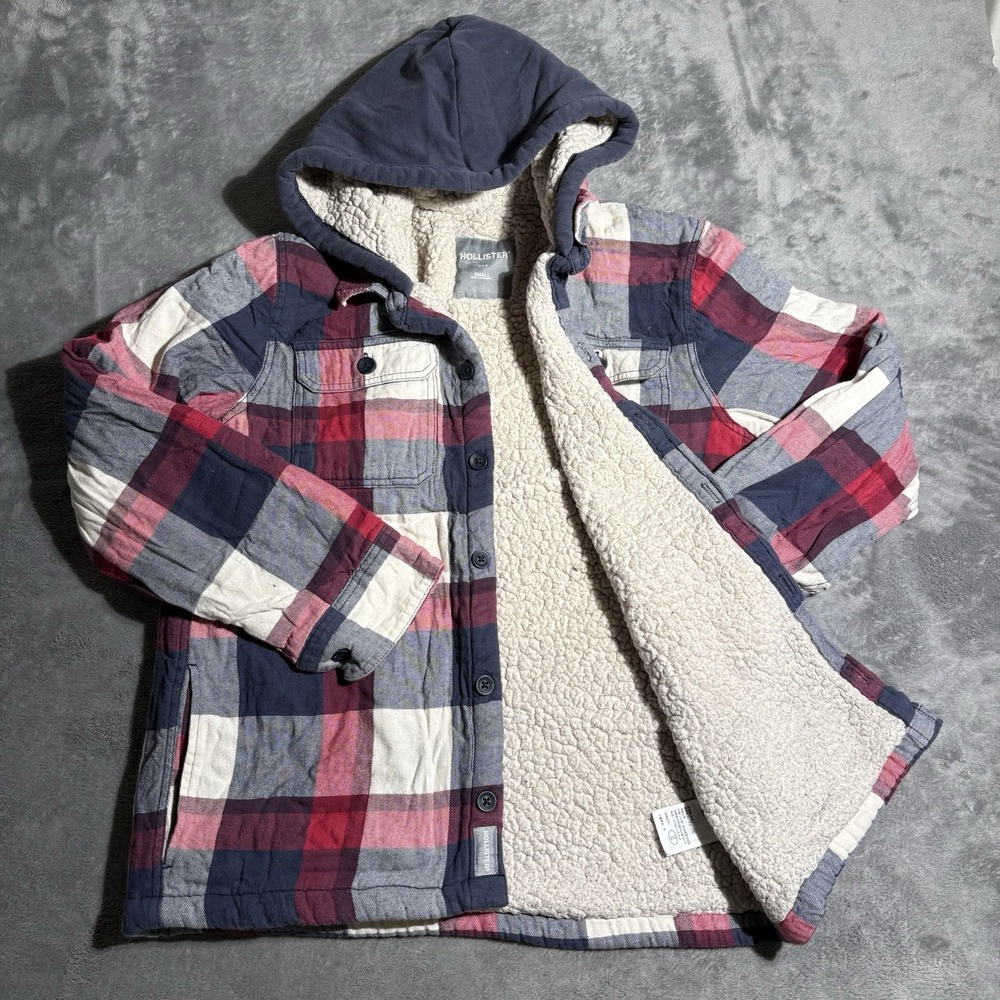 Hollister Co. Men's Plaid Hooded Fleece Sherpa Lined Shirt  Jacket Size Small